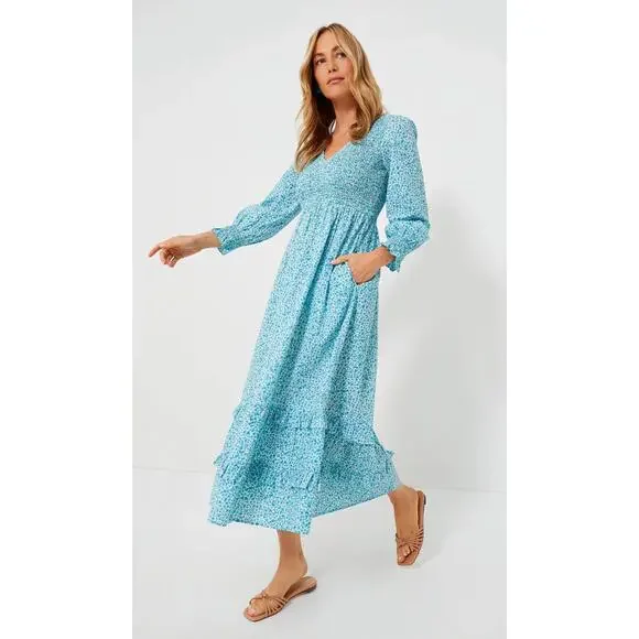 Pink City Prints Tuckernuck Ocean Ditsy Isabel V Neck Dress Long Sleeve Cotton - Picture 3 of 16